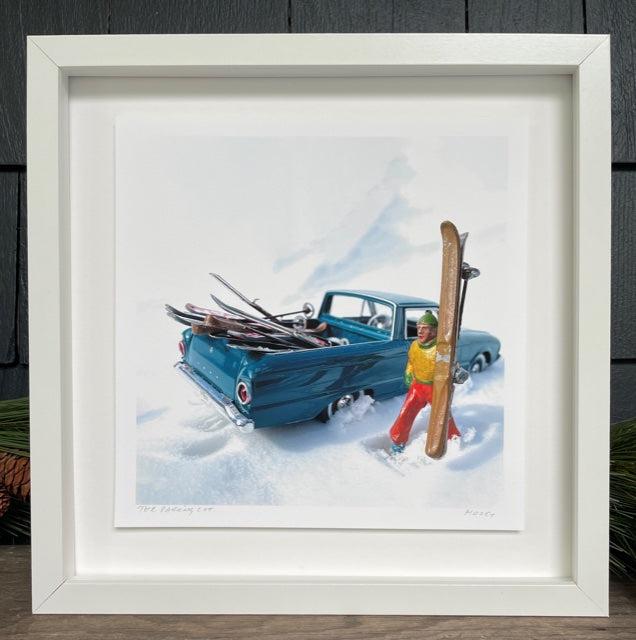 Vintage toy skier with old truck by Hooey Mountain