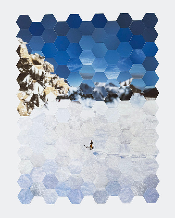Hooey Mountain Hexagon collage of toy skier in backcountry