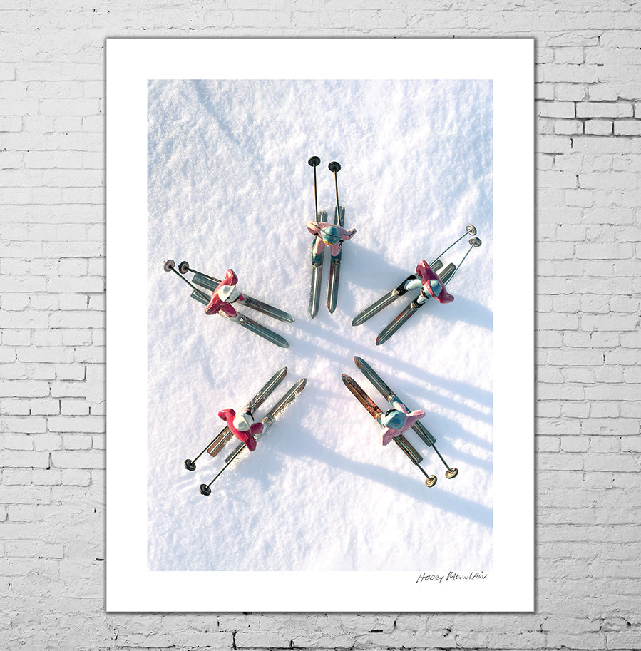 3 pink vintage toy skiers in a circle by Hooey Mountain