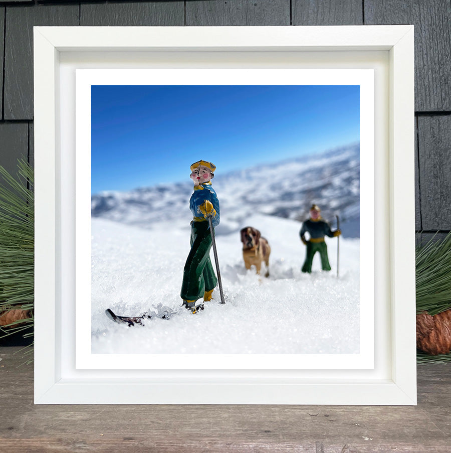 Hooey Mountain toy skiers in 12x12 frame toy skiers with wood dog