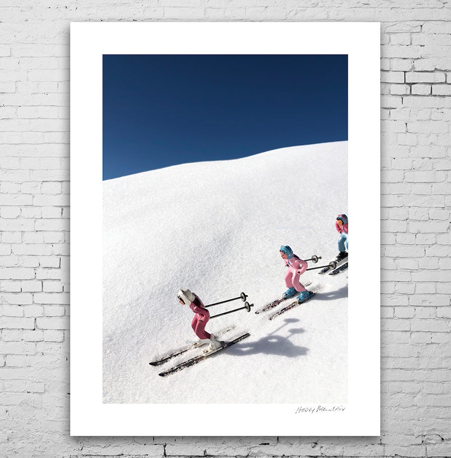 Pink Toy SKiers on a blue bird day by Hooey Mountain