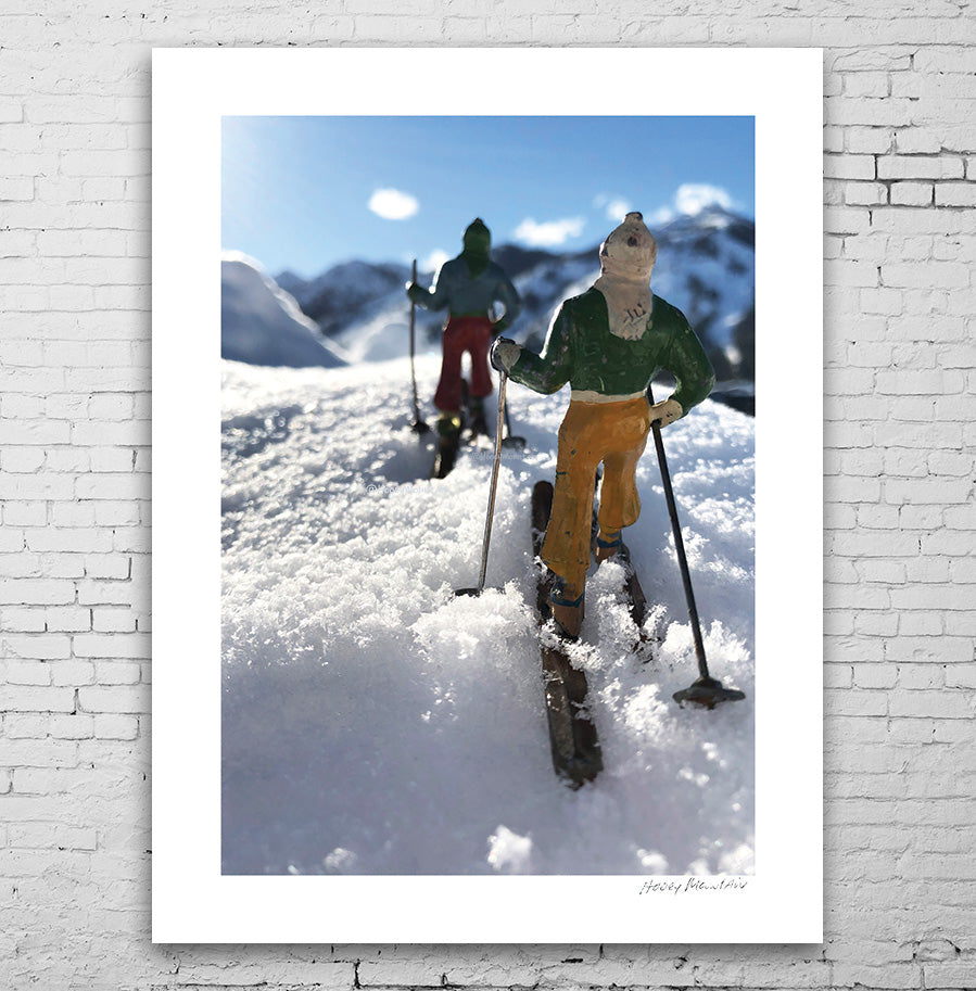 Vintage Toy SKiers skining up mountain by Hooey Mountain