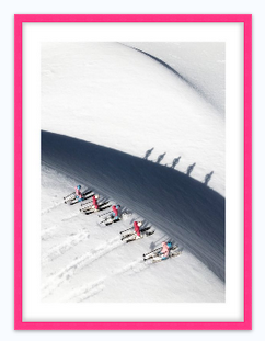 Hot pink framed image of vintage toy skiers.  Great ski art.