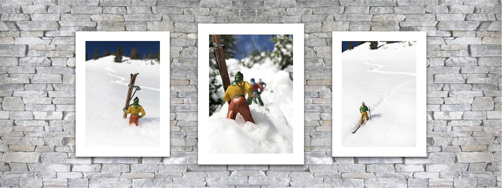 Vintage toy skiers photo pairings by Hooey Mountain